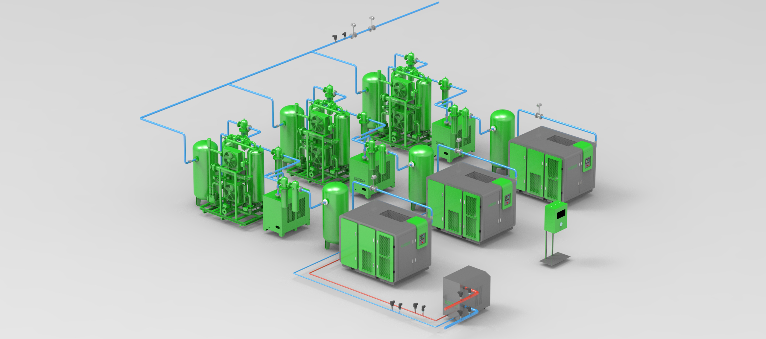 3D rendering of Seize Air energy-saving compressor station layout with smart air compressors and pipeline system