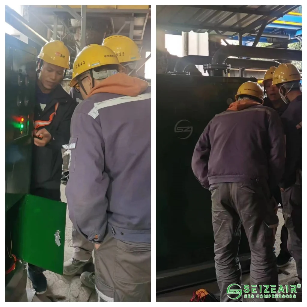 Engineer performing energy efficiency test on industrial air compressor