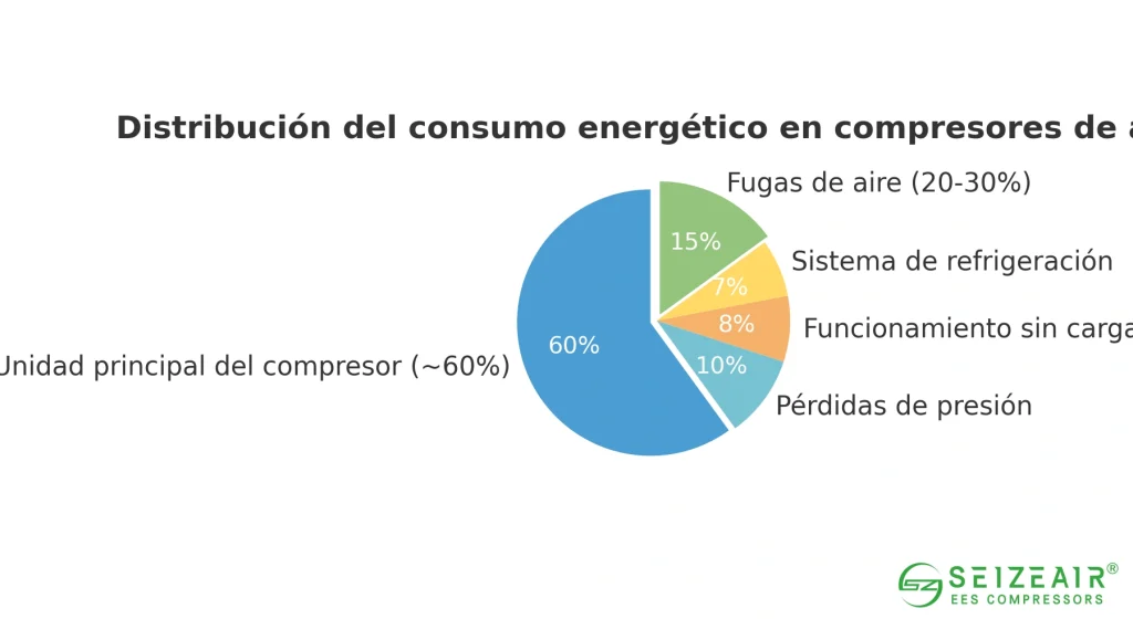 Distribución del consumo energético en compresores de aire industriales: unidad principal (~60%), pérdidas de presión, funcionamiento sin carga, sistema de refrigeración y fugas de aire (20-30%).
