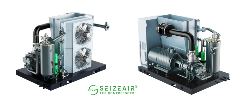 Diagram showing the main components of an air compressor including motor, airend, intake filter, oil separator, and cooling system.