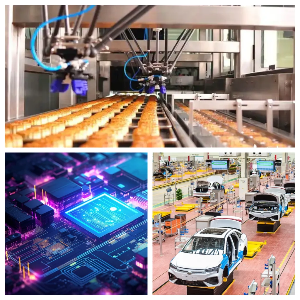 Industry icons showing applications of PM VSD air compressors in automotive, electronics, and food industries