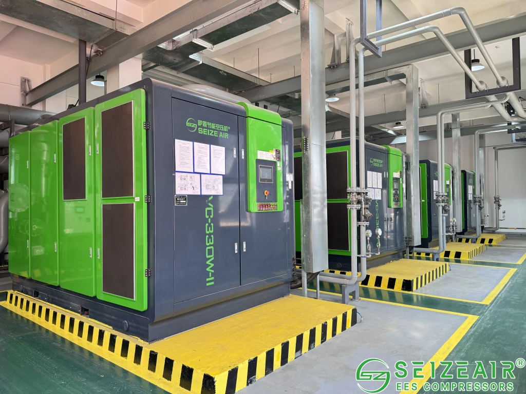 Factory workplace comparison showing quieter and eco-friendly environment with PM VSD compressors