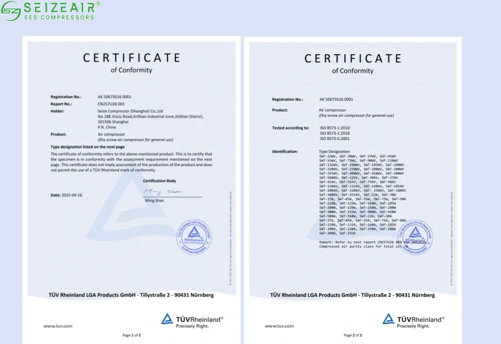 CLASS 0 oil-free certification for air compressor