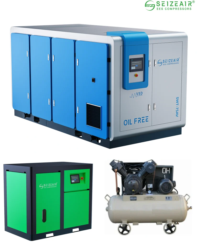 Comparison chart showing piston, screw, and oil-free air compressors.