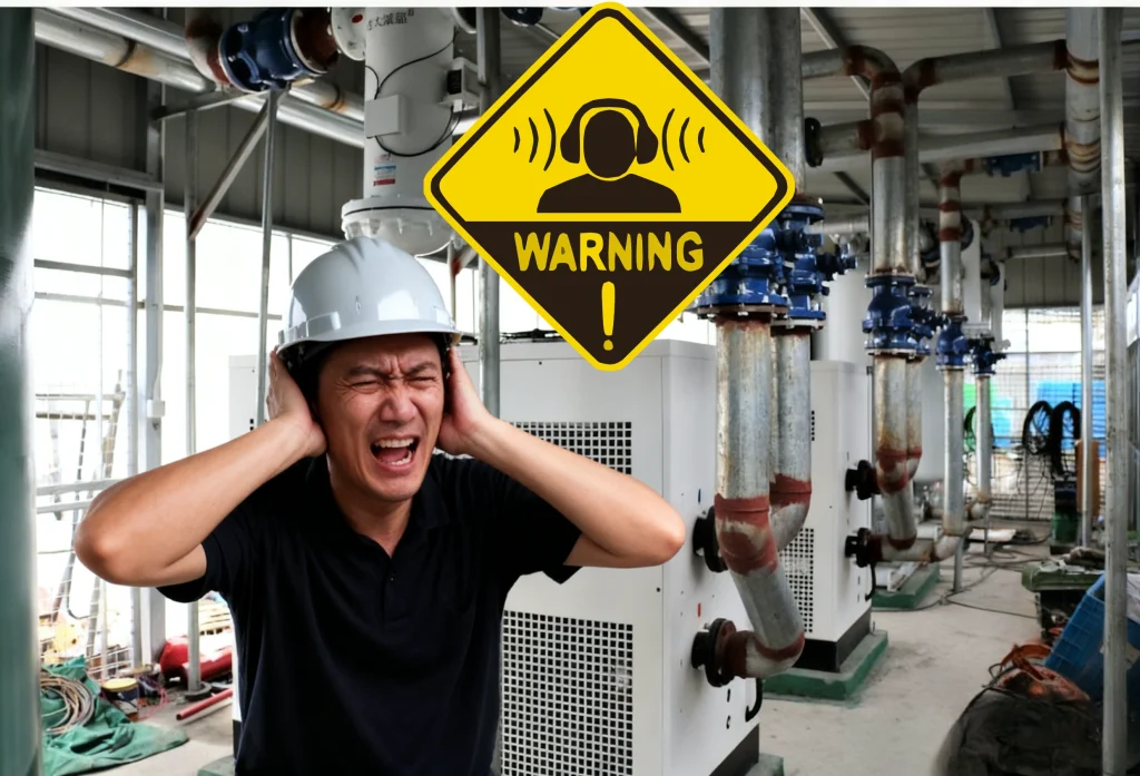 Industrial air compressor operating in a workshop, producing high noise levels