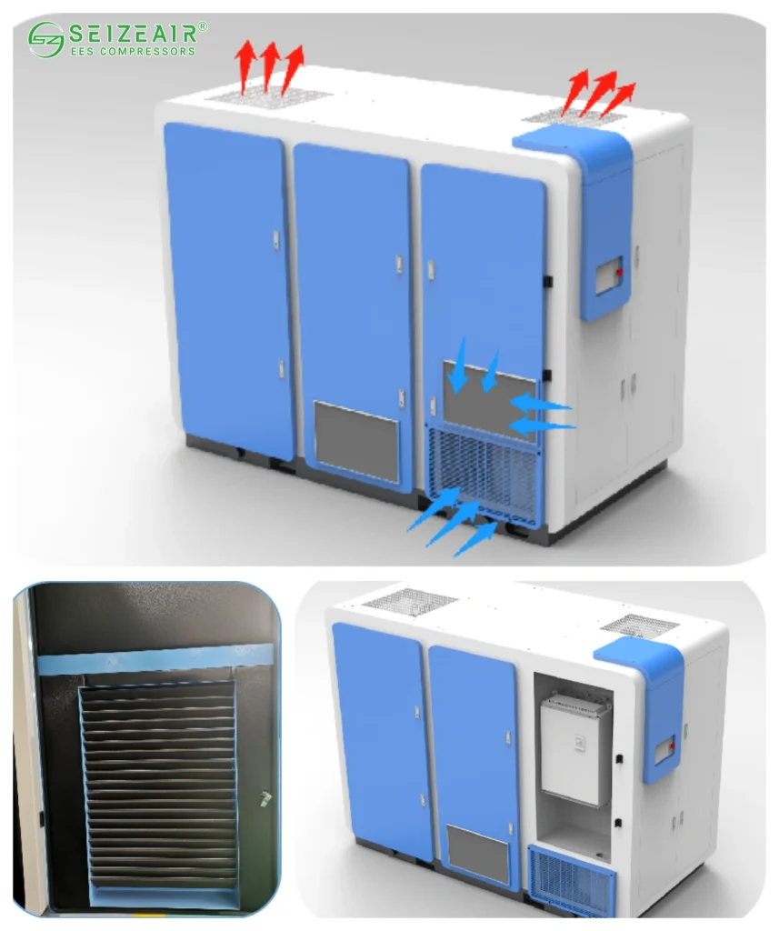 Air compressor inside a soundproof enclosure with acoustic foam lining