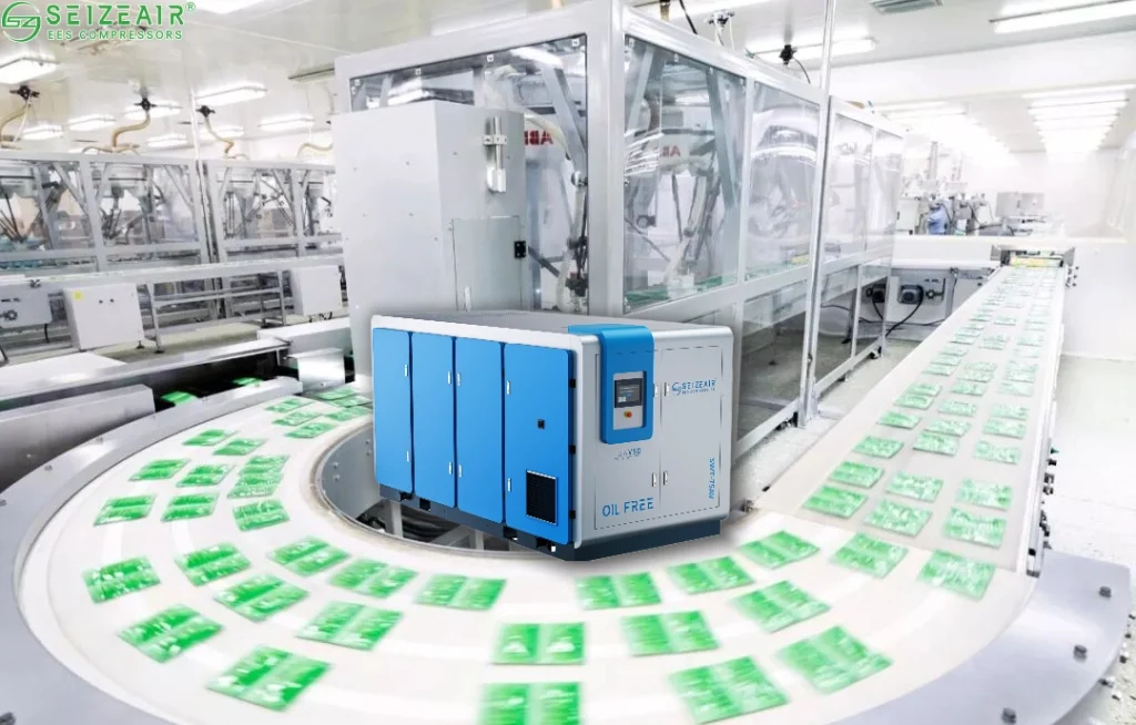 Pharmaceutical packaging line with compressed air systems
