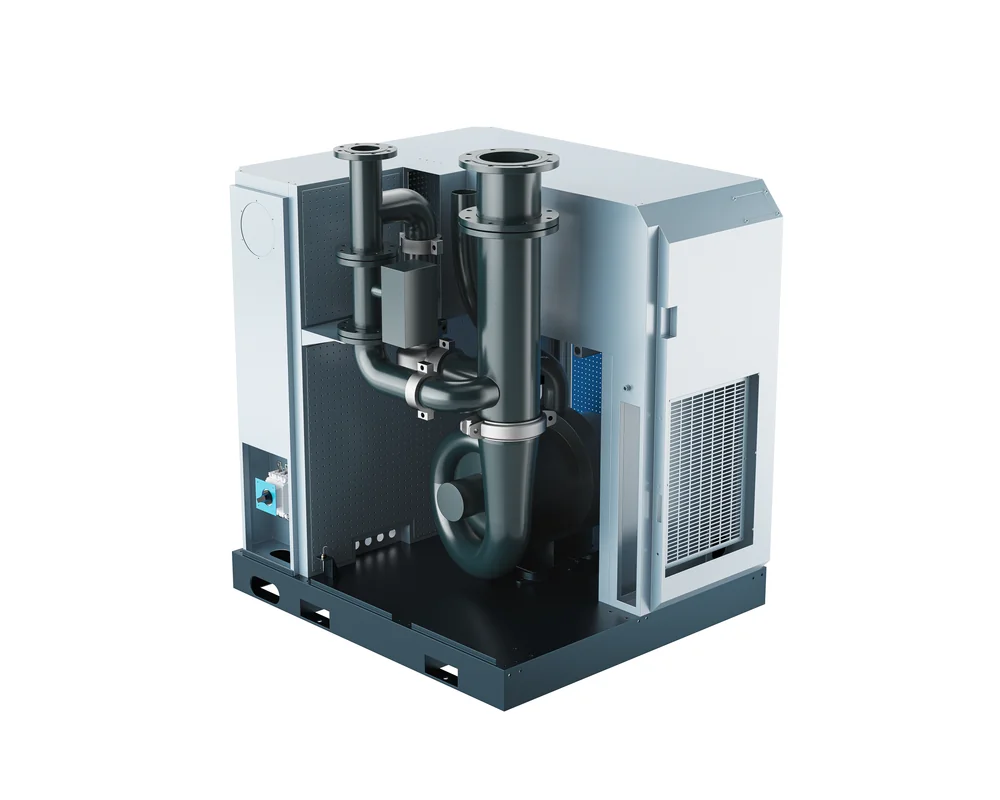 Open-frame centrifugal blower showing black discharge piping, impeller casing, intake filter and the base frame