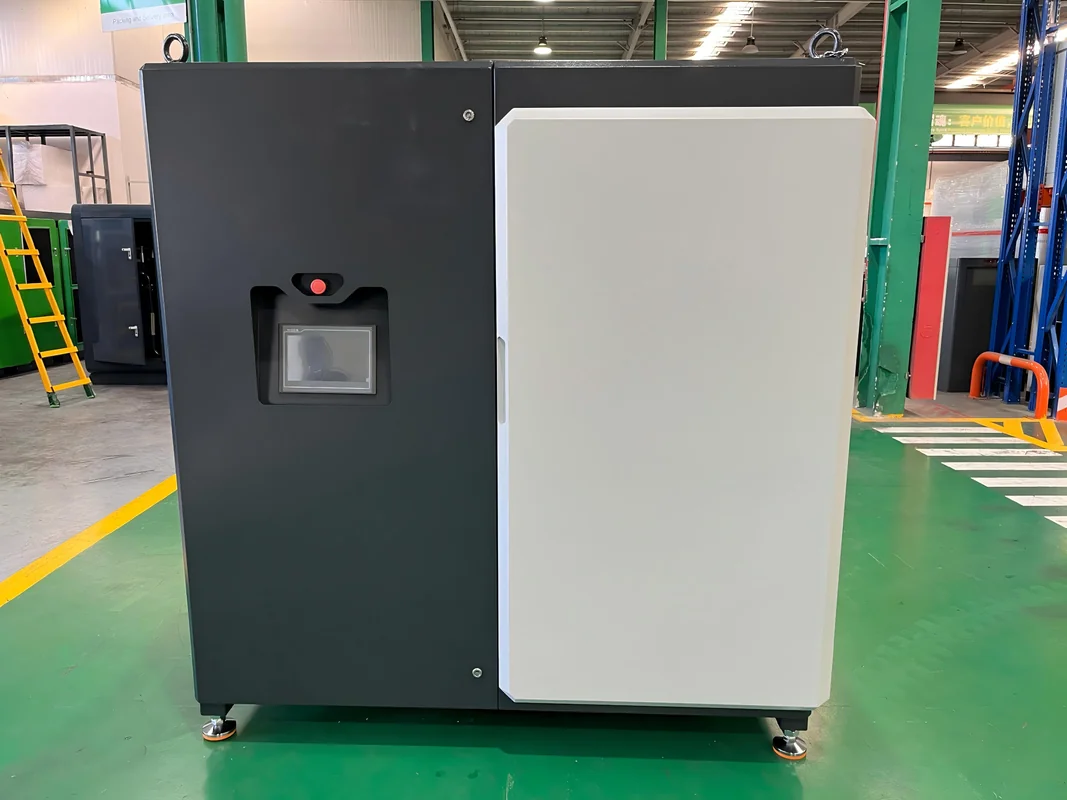 Front of a 185 kW centrifugal blower showing the HMI touchscreen and emergency stop mounted on the access door
