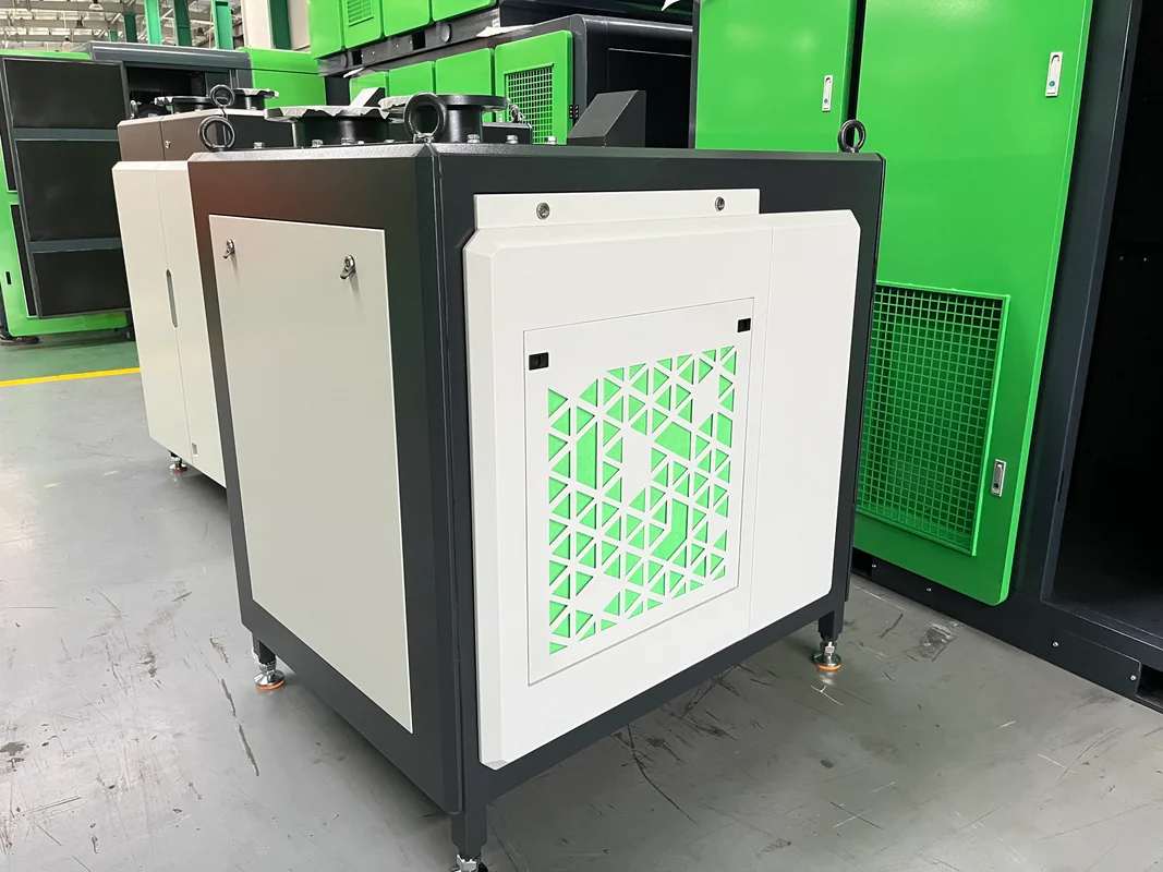 Centrifugal blower package standing on a factory floor next to other compressor units during final assembly