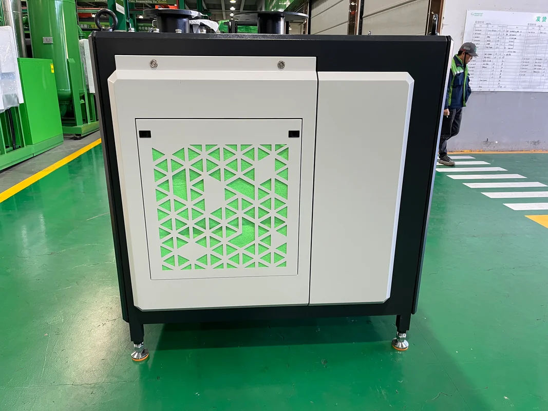 Front access panel of a centrifugal blower on the factory floor, with the perforated grille and side doors that give service access to the filter and cooler