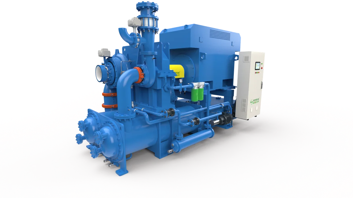 Gear-driven centrifugal compressor with intercooler pipework and control cabinet, shown for comparison with a low-pressure centrifugal blower
