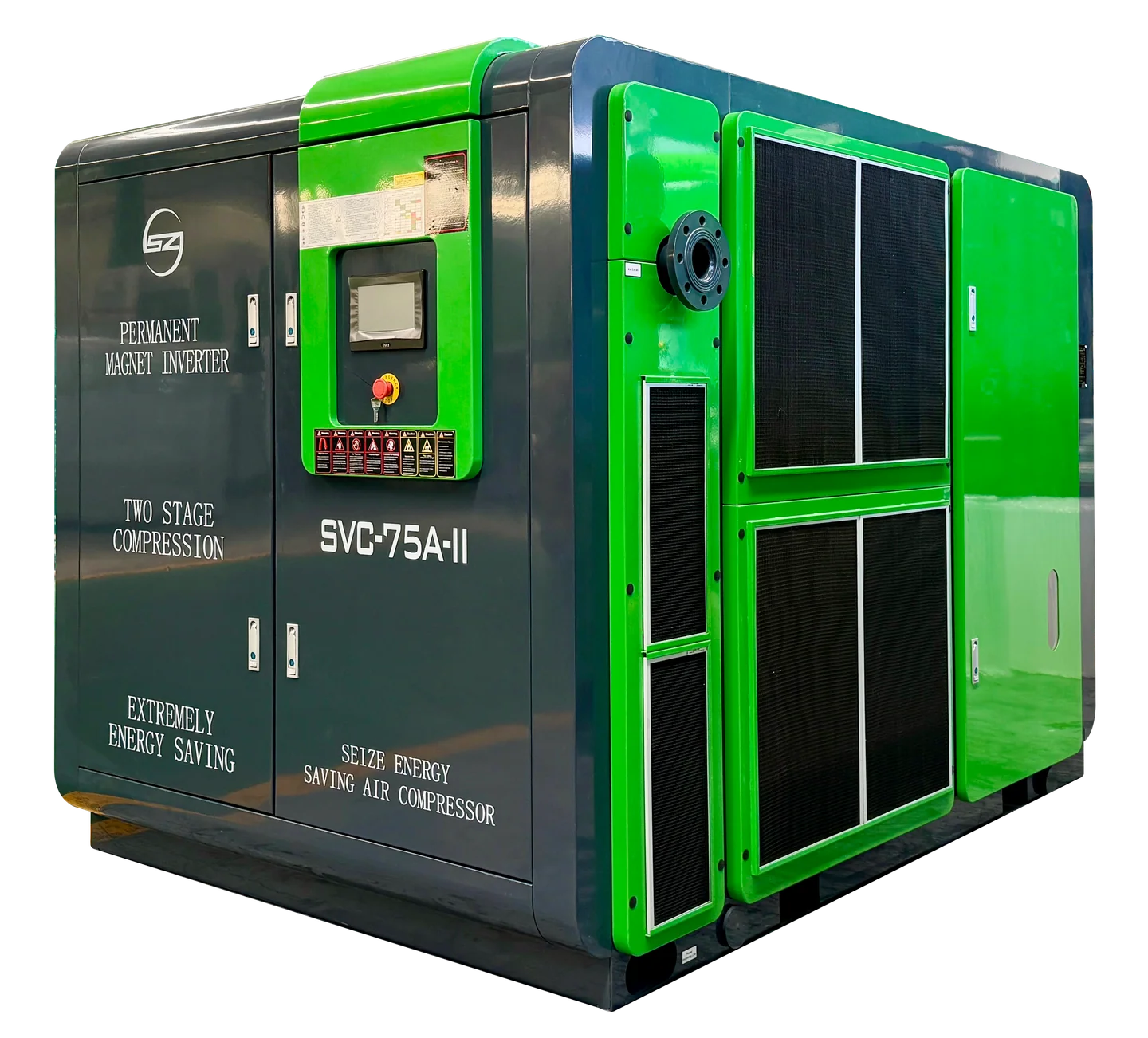 Alternate view of the SEIZE AIR SVC-75A-II screw air compressor showing its cabinet and air outlet