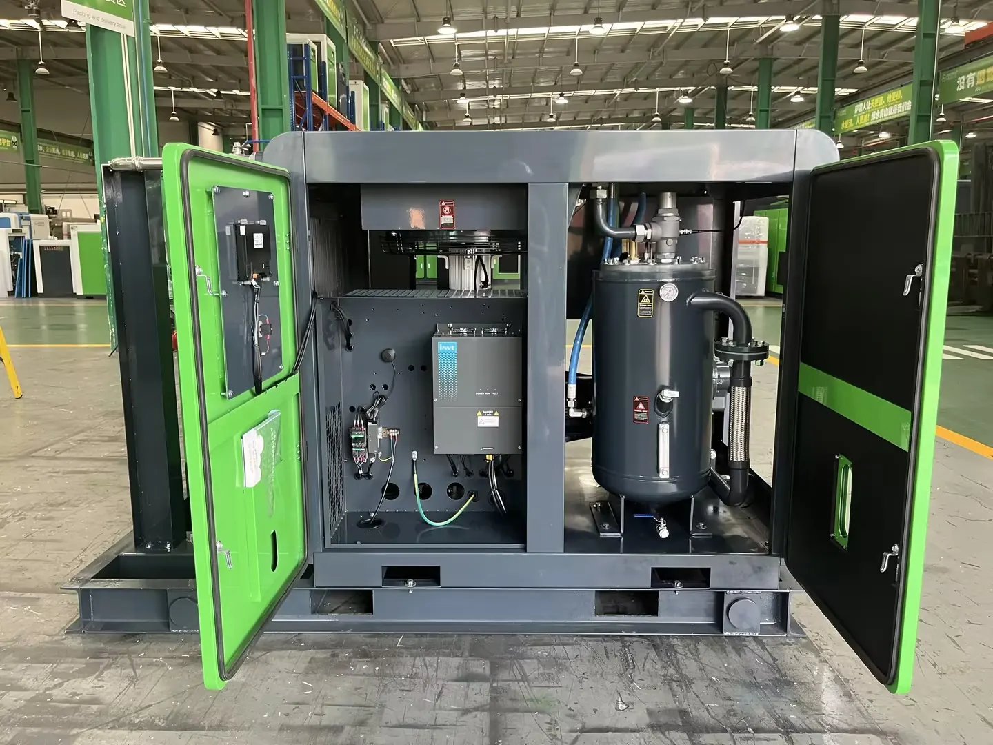 Open SEIZE AIR compressor cabinet showing internal pipework and components