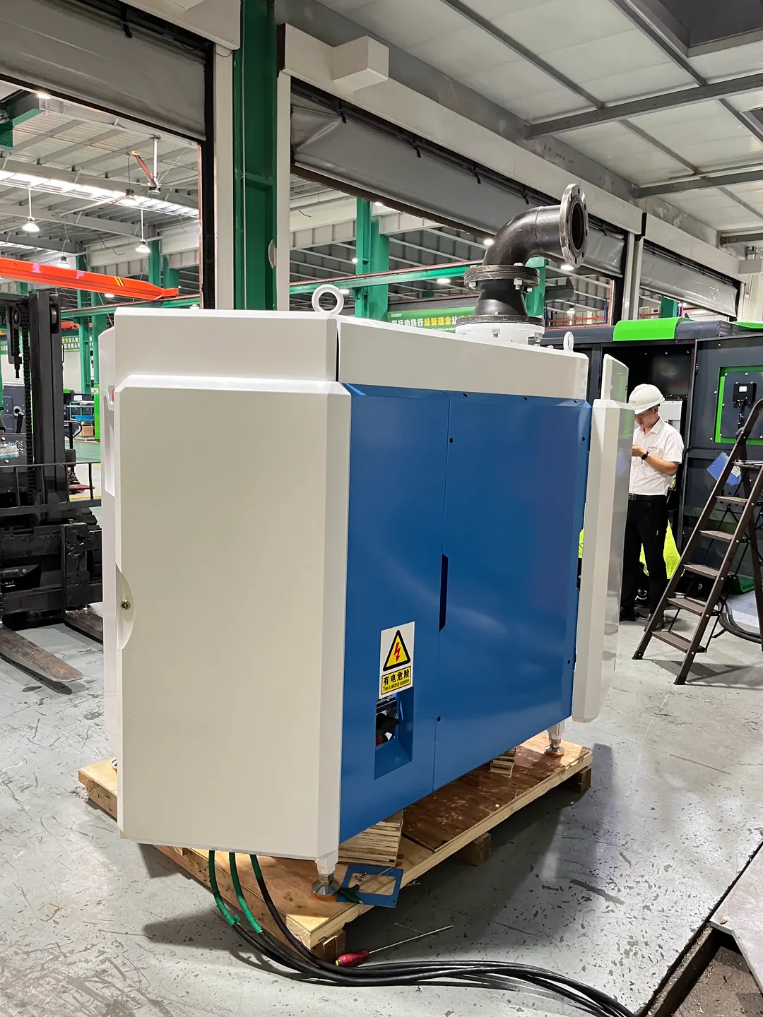 Magnetic levitation blower installation showing connected pipework and support structure