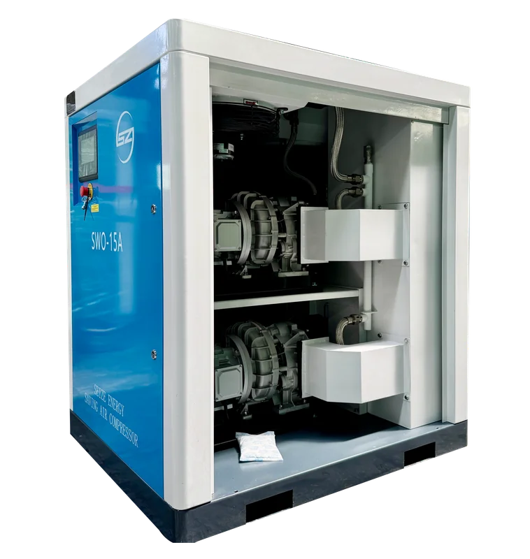 Open oil-free scroll compressor cabinet showing two stacked scroll airends