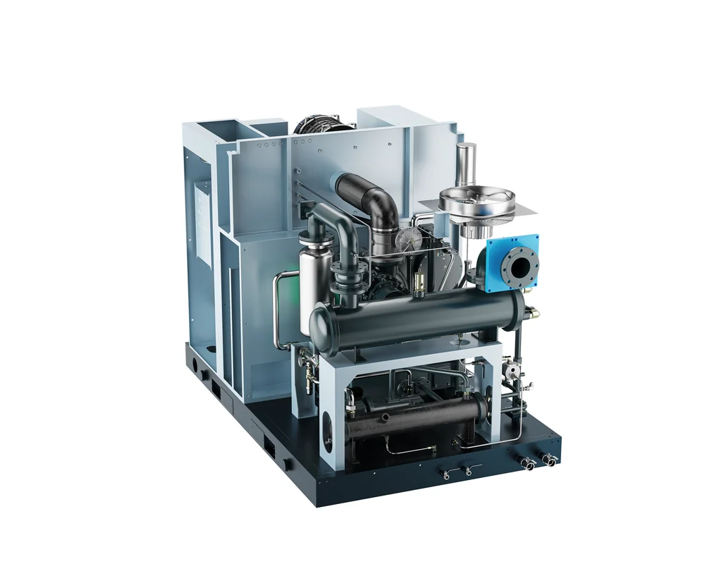 Open-frame dry oil-free screw compressor package with airend, coolers and stainless piping