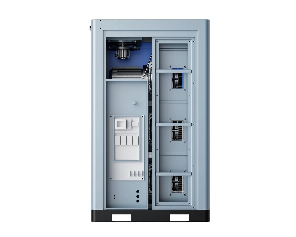 Oil-free scroll compressor with side panel removed showing controller, fan and internal layout
